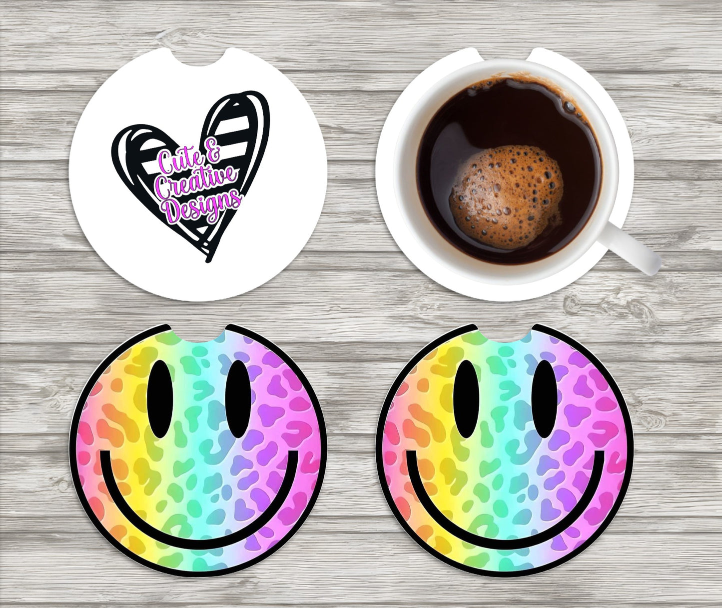 Rainbow Smiley Face Car Coasters